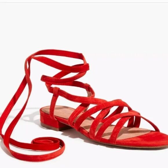 MADEWELL suede Holly ankle wrap flat sandals in red/orange 7.5 - Picture 8 of 8